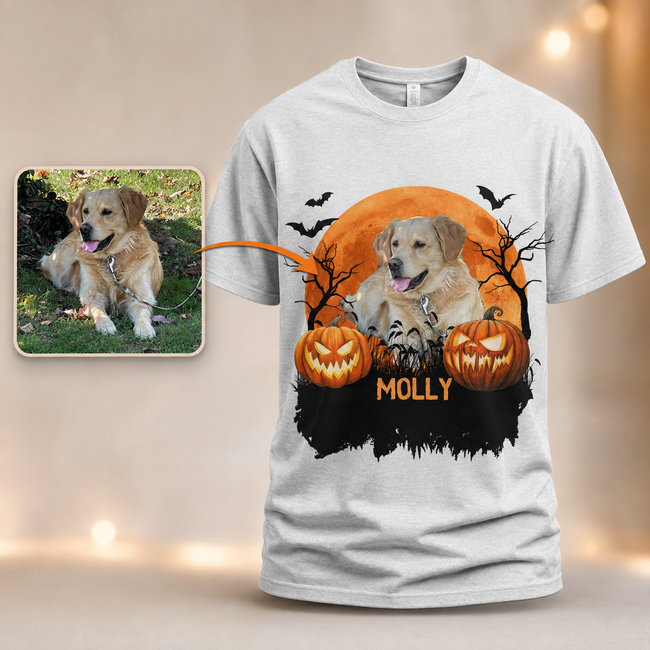 Personalized Halloween Dog Photo T-Shirt – Spooky Season Custom Pet Portrait Tee Hover Image