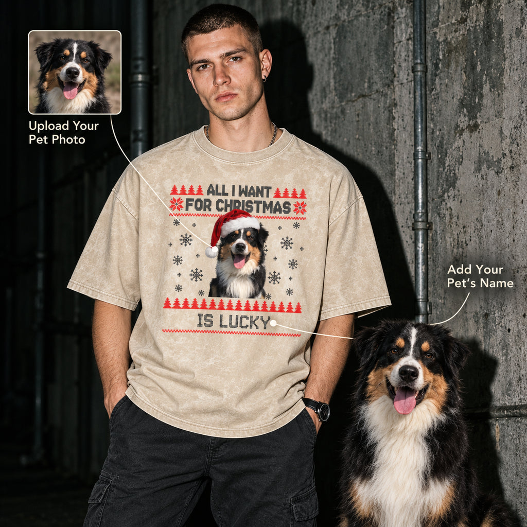 Personalized Pet Christmas Shirt – Custom Pet Photo & Name Washed Cotton T-Shirt