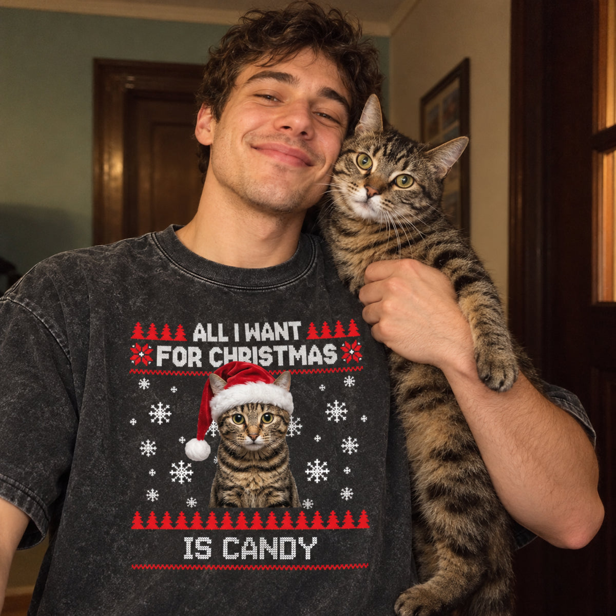Personalized Pet Christmas Shirt – Custom Pet Photo & Name Washed Cotton T-Shirt