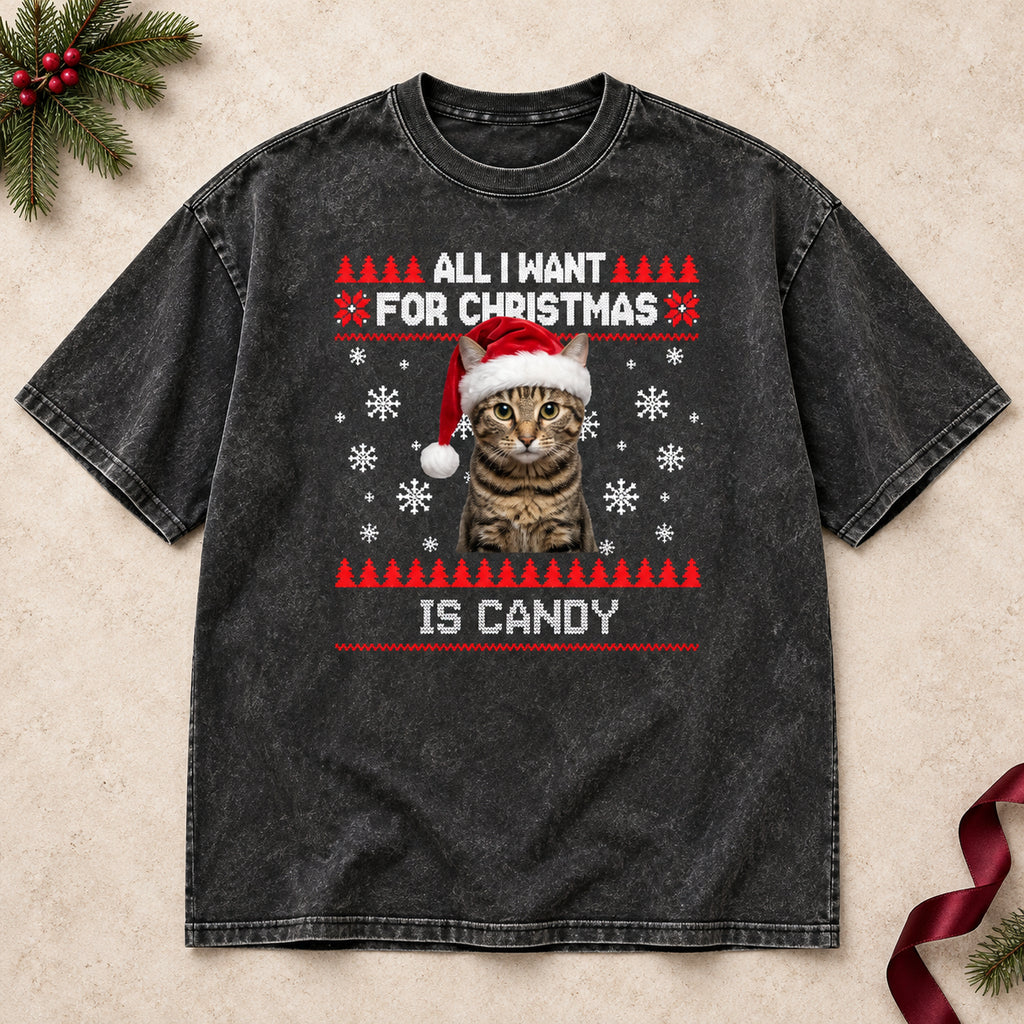 Personalized Pet Christmas Shirt – Custom Pet Photo & Name Washed Cotton T-Shirt