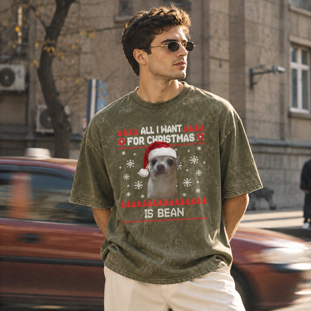 Personalized Pet Christmas Shirt – Custom Pet Photo & Name Washed Cotton T-Shirt