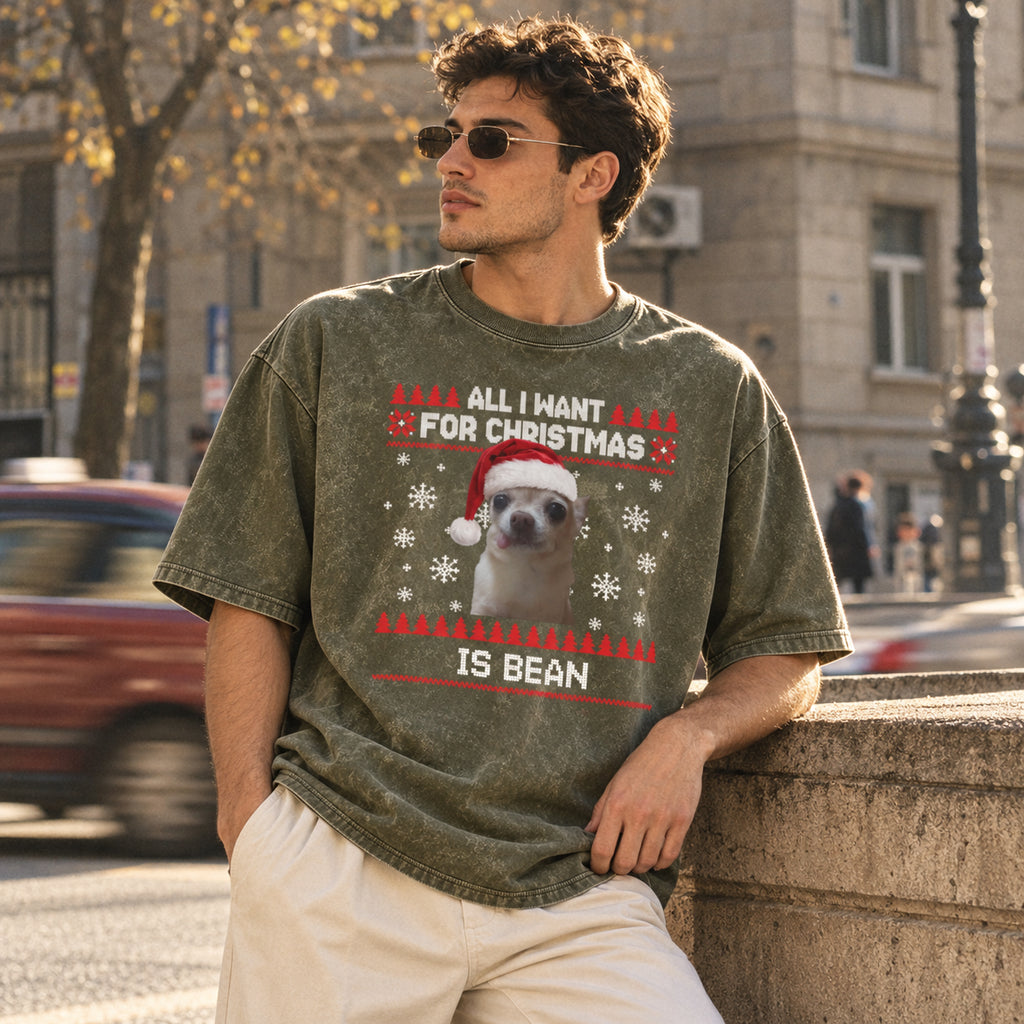 Personalized Pet Christmas Shirt – Custom Pet Photo & Name Washed Cotton T-Shirt