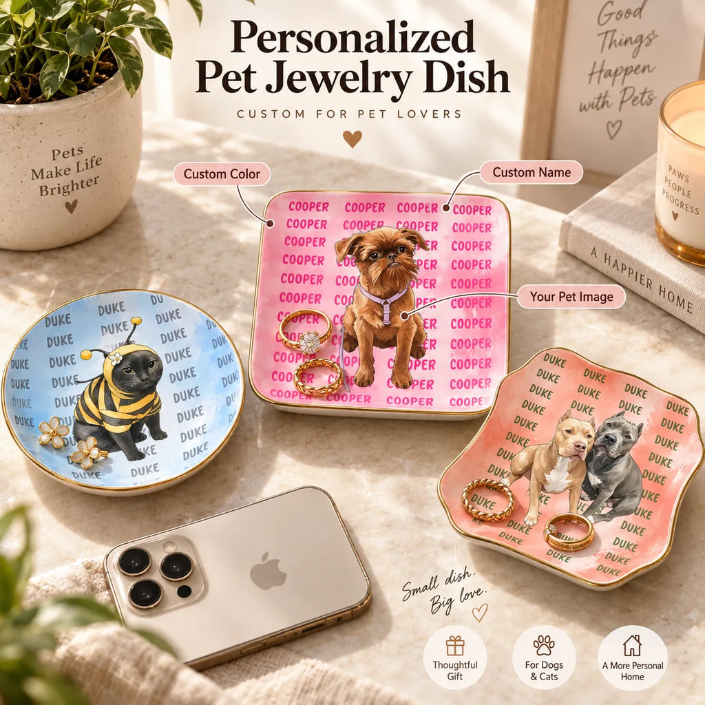 Personalized Pet Jewelry Dish – Custom Pet Portrait & Name, Watercolor Trinket & Ring Dish, Gift for Pet Lovers