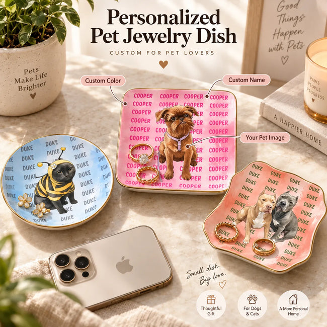 Personalized Pet Jewelry Dish – Custom Pet Portrait & Name, Watercolor Trinket & Ring Dish, Gift for Pet Lovers Hover Image