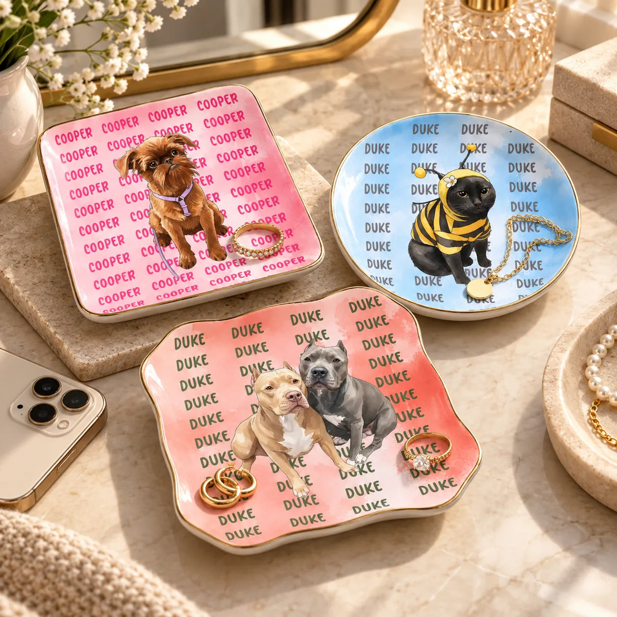 Personalized Pet Jewelry Dish – Custom Pet Portrait & Name, Watercolor Trinket & Ring Dish, Gift for Pet Lovers