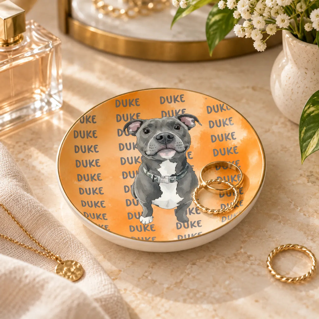 Personalized Pet Jewelry Dish – Custom Pet Portrait & Name, Watercolor Trinket & Ring Dish, Gift for Pet Lovers