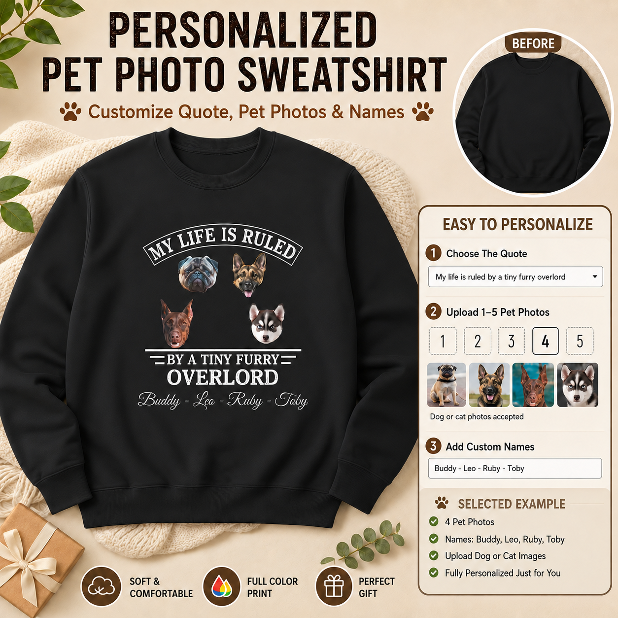 Personalized Pet Photo, Quote & Name Unisex Sweatshirt – Custom 1–5 Dog or Cat Images Gift