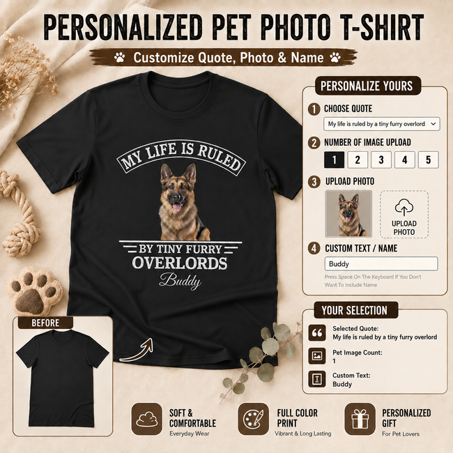 Personalized Pet Photo, Quote & Name Unisex T-Shirt – Custom 1–5 Dog or Cat Images Gift Hover Image