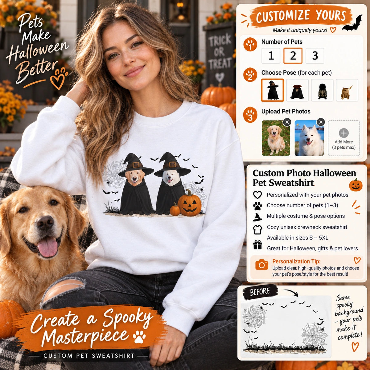Personalized Pet Sweatshirt, Halloween Dog Sweatshirt, Halloween Cat Sweatshirt, Personalized Pet Gift
