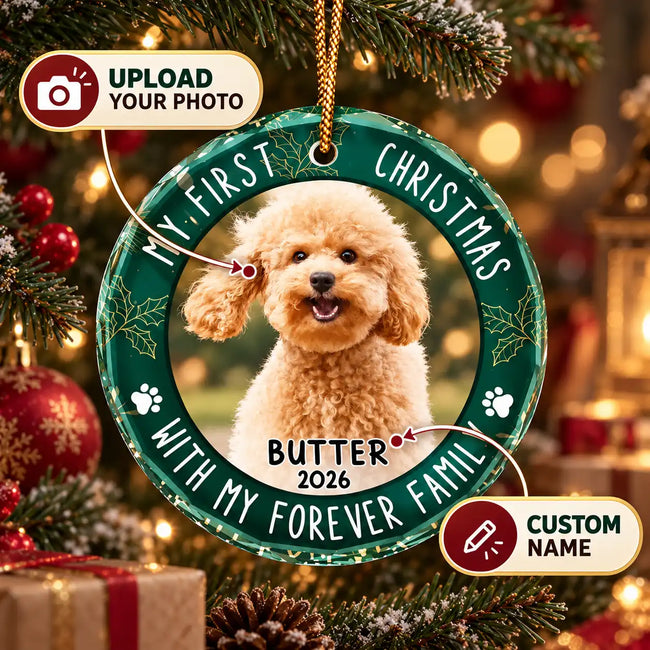 Personalized Pet’s First Christmas Ornament – Custom Dog & Cat Photo Circle Glass Ornament, Gift for Pet Lovers Hover Image