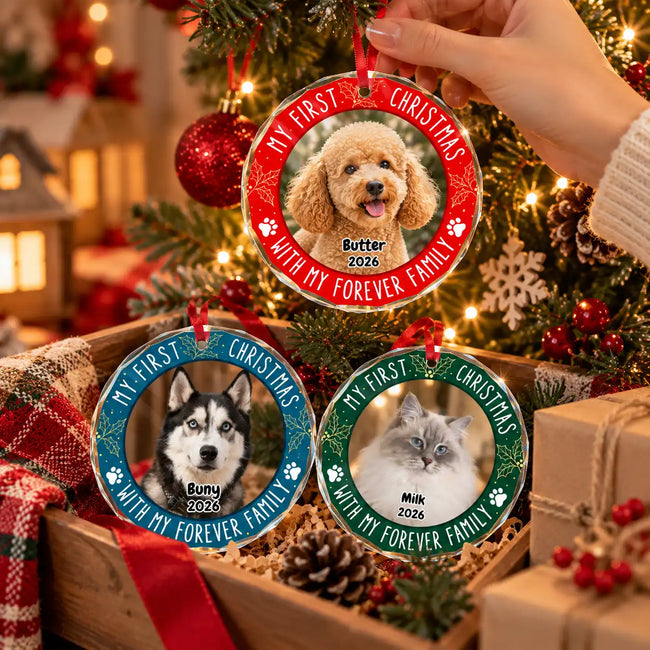Personalized Pet’s First Christmas Ornament – Custom Dog & Cat Photo Circle Glass Ornament, Gift for Pet Lovers Main Image