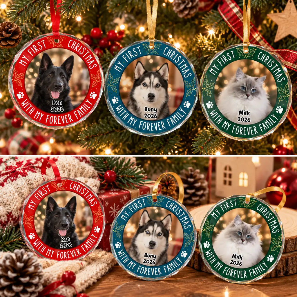 Personalized Pet’s First Christmas Ornament – Custom Dog & Cat Photo Circle Glass Ornament, Gift for Pet Lovers