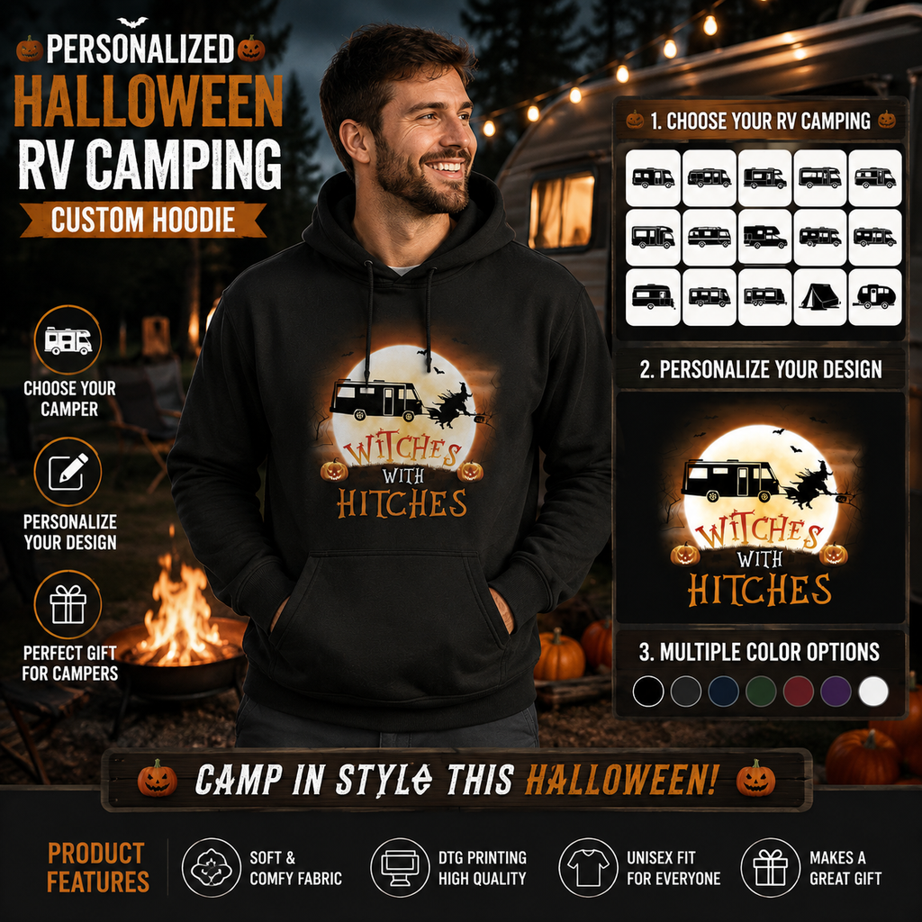Personalized Witches With Hitches Halloween RV Camping Unisex Hoodie – Custom Camper Moon Pumpkin Gift