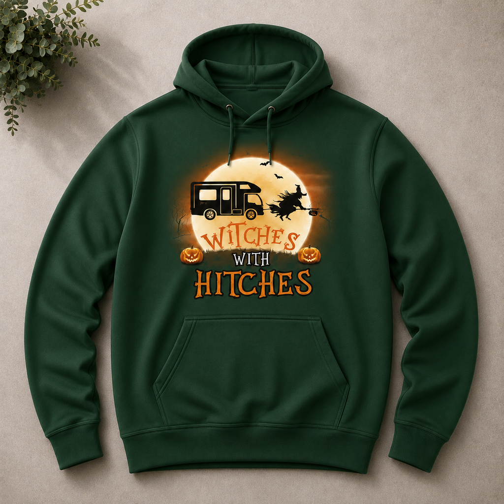 Personalized Witches With Hitches Halloween RV Camping Unisex Hoodie – Custom Camper Moon Pumpkin Gift