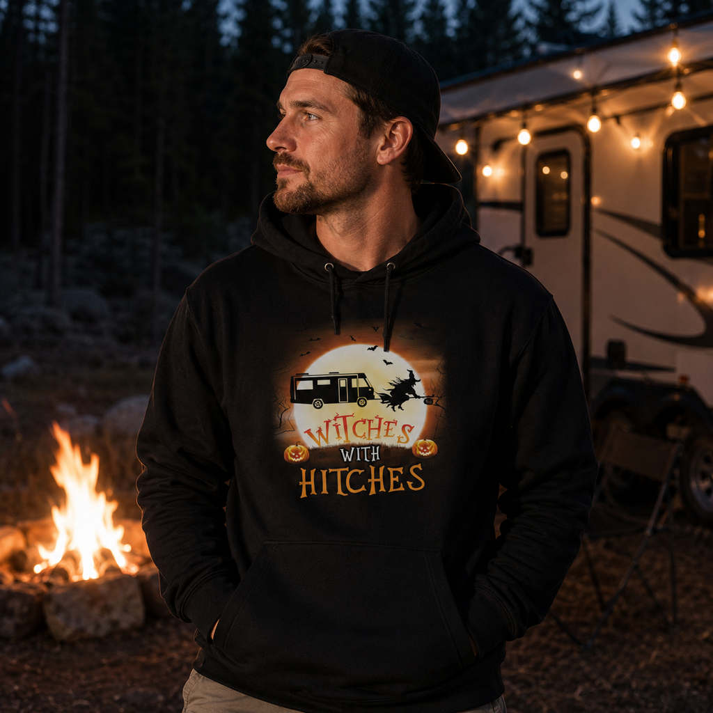 Personalized Witches With Hitches Halloween RV Camping Unisex Hoodie – Custom Camper Moon Pumpkin Gift