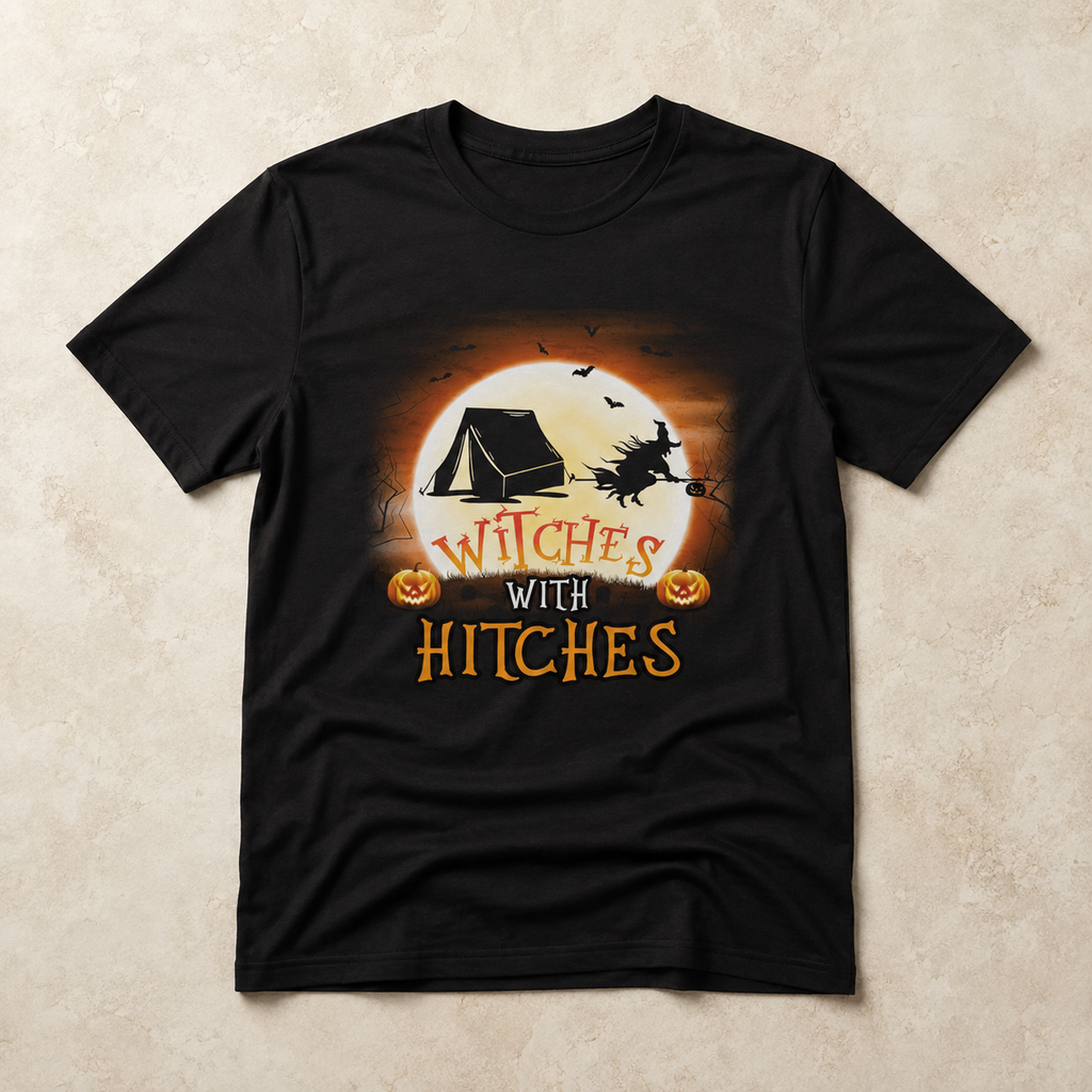 Personalized Witches With Hitches Halloween RV Camping Unisex T-Shirt – Custom Camper, Moon & Pumpkin Gift