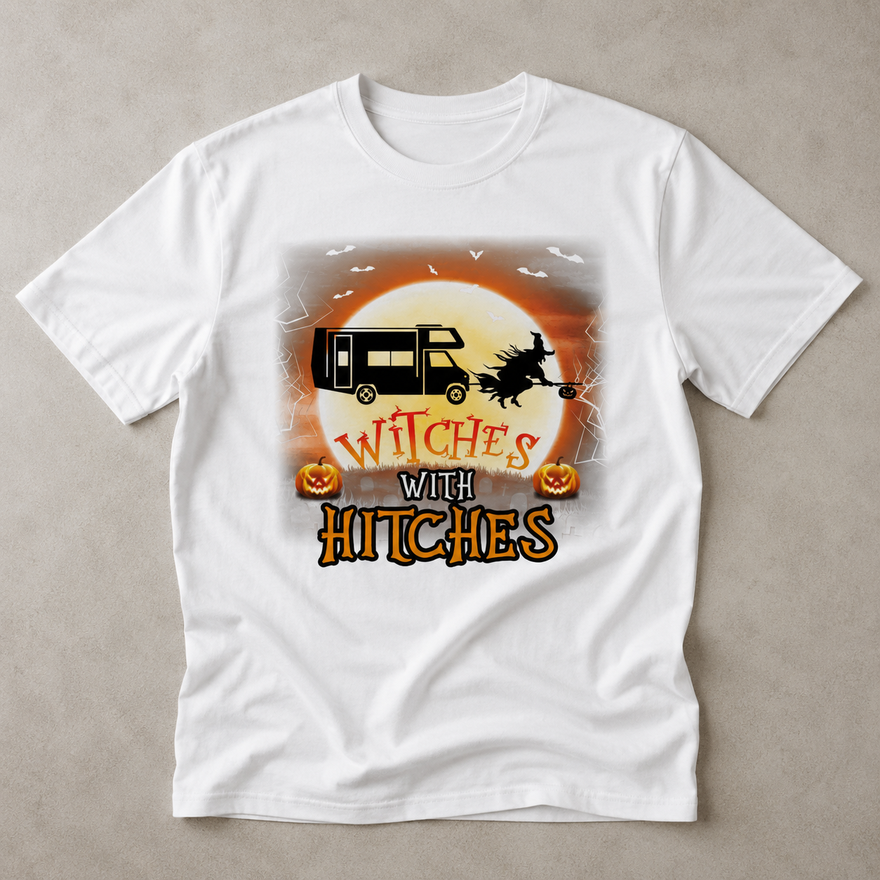 Personalized Witches With Hitches Halloween RV Camping Unisex T-Shirt – Custom Camper, Moon & Pumpkin Gift