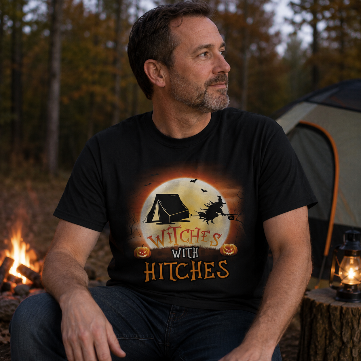 Personalized Witches With Hitches Halloween RV Camping Unisex T-Shirt – Custom Camper, Moon & Pumpkin Gift