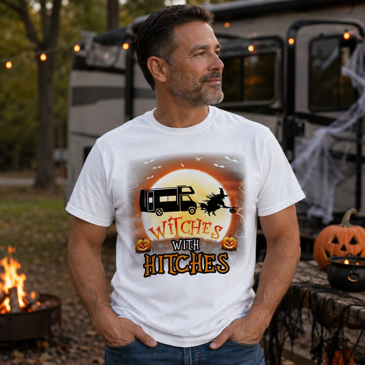 Personalized Witches With Hitches Halloween RV Camping Unisex T-Shirt – Custom Camper, Moon & Pumpkin Gift