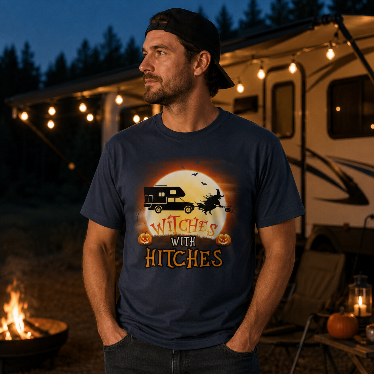 Personalized Witches With Hitches Halloween RV Camping Unisex T-Shirt – Custom Camper, Moon & Pumpkin Gift