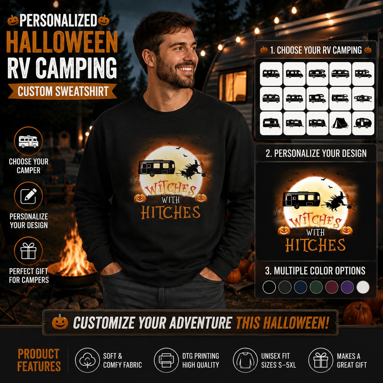 Personalized Witches With Hitches RV Camping Unisex Sweatshirt – Custom Camper Halloween Moon Gift