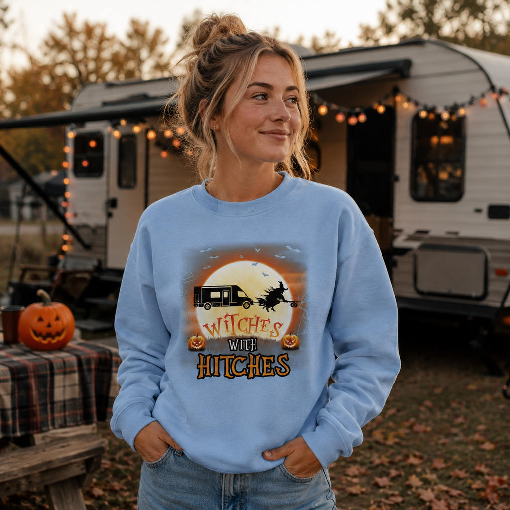 Personalized Witches With Hitches RV Camping Unisex Sweatshirt – Custom Camper Halloween Moon Gift