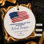 Personalized Military Retirement Ceramic Ornament – Custom Veteran Retirement Gift with Name, Branch & Years of Service