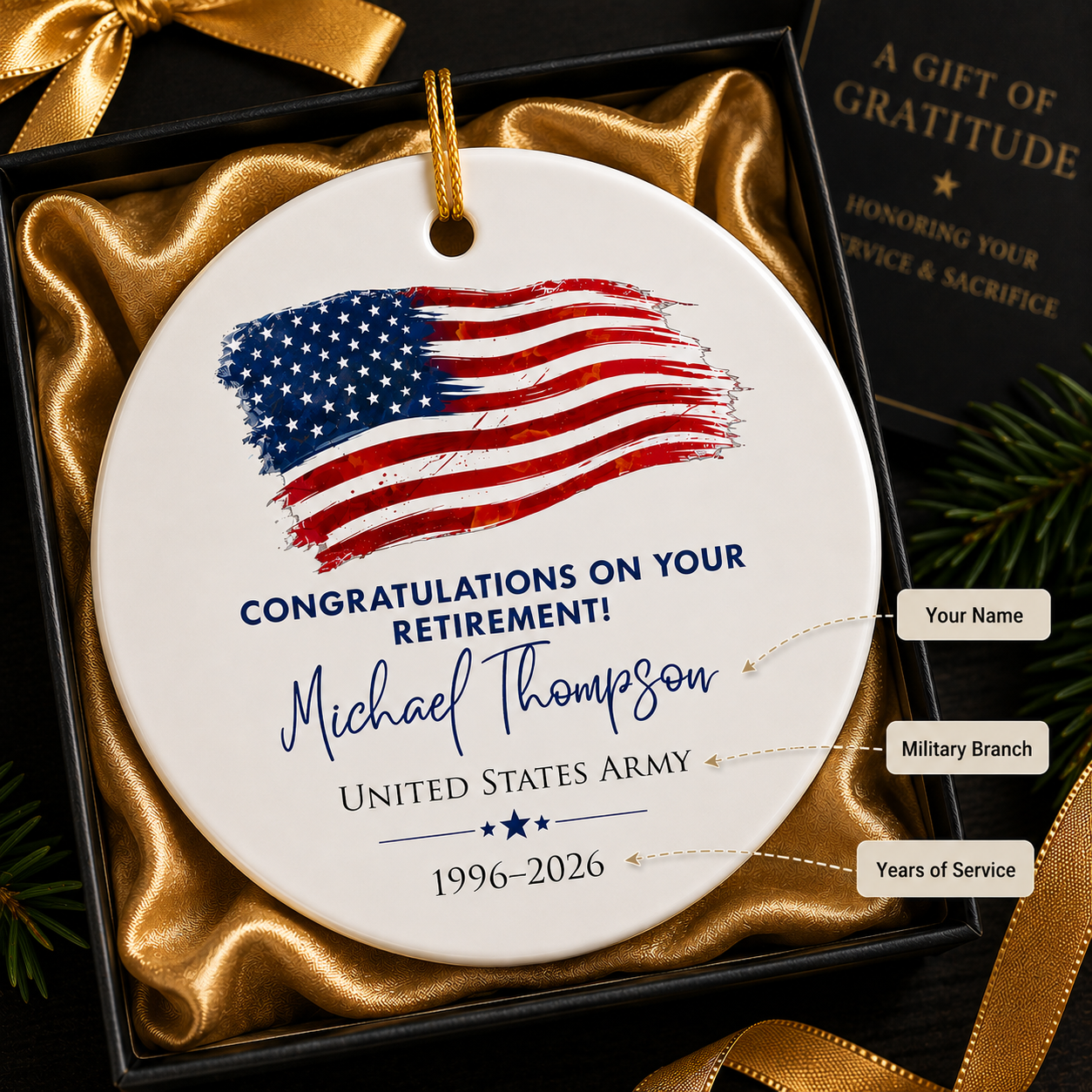 Personalized Military Retirement Ceramic Ornament – Custom Veteran Retirement Gift with Name, Branch & Years of Service