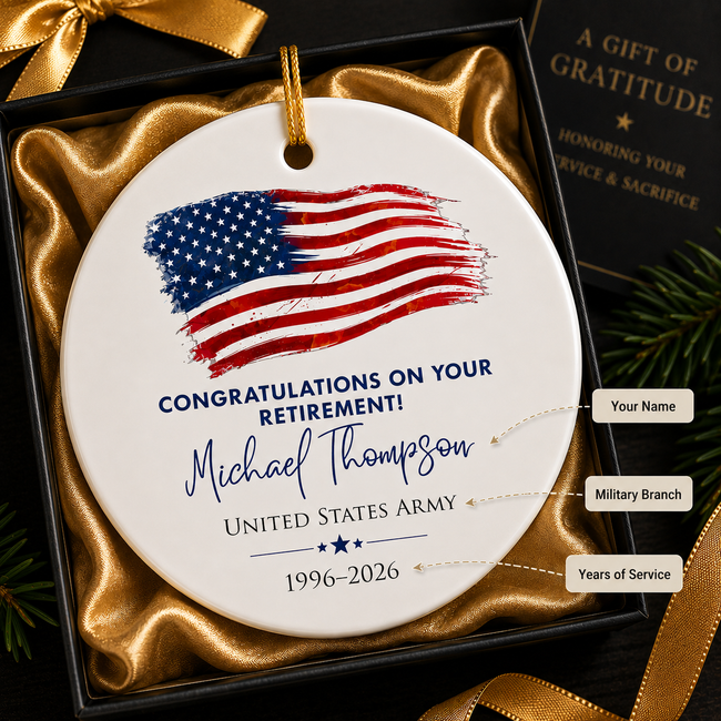 Personalized Military Retirement Ceramic Ornament – Custom Veteran Retirement Gift with Name, Branch & Years of Service Hover Image