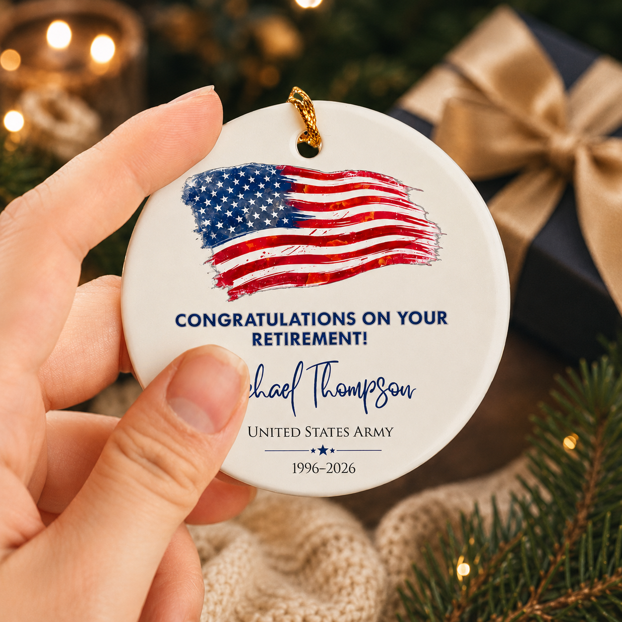 Personalized Military Retirement Ceramic Ornament – Custom Veteran Retirement Gift with Name, Branch & Years of Service