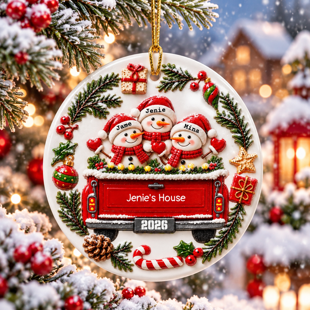 Personalized Snowman Family Christmas Ornament, Custom Family Names 3D Relief Ceramic Ornament, Christmas Truck Keepsake, Family Gift