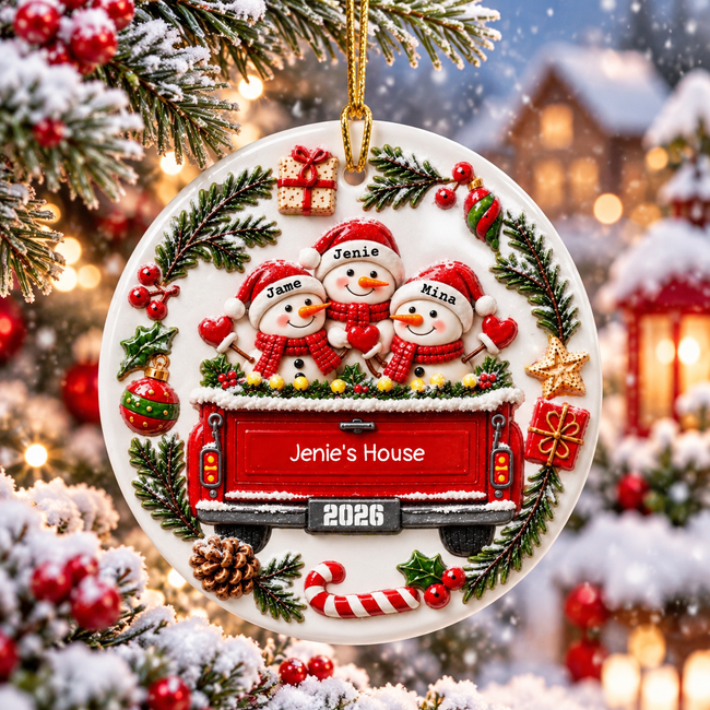 Personalized Snowman Family Christmas Ornament, Custom Family Names 3D Relief Ceramic Ornament, Christmas Truck Keepsake, Family Gift Main Image