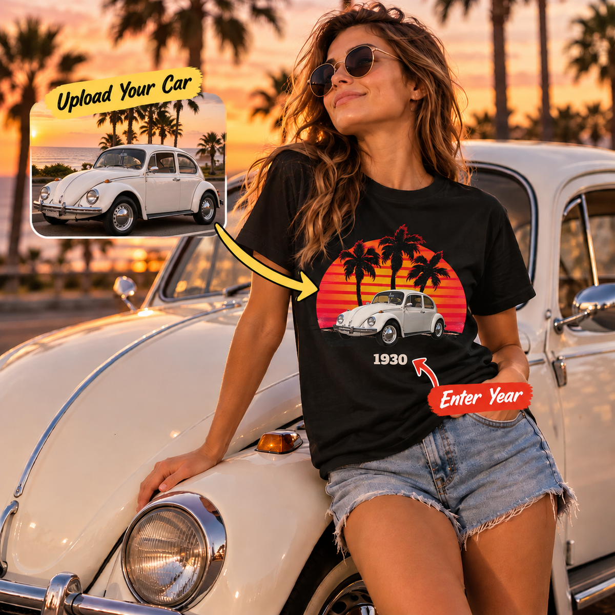 Custom Car Shirt, Car Photo Shirt, Retro Car Shirt, Custom Car Photo T-Shirt, Personalized Car & Year Retro Sunset Tee, Vintage Gift for Car Lovers