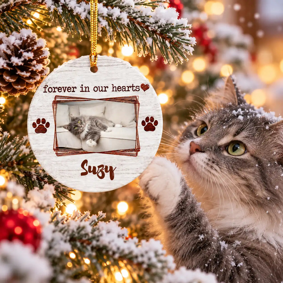 Personalized Pet Memorial Ceramic Ornament – Custom Dog Cat Photo & Name, Forever in Our Hearts Christmas Keepsake Gift