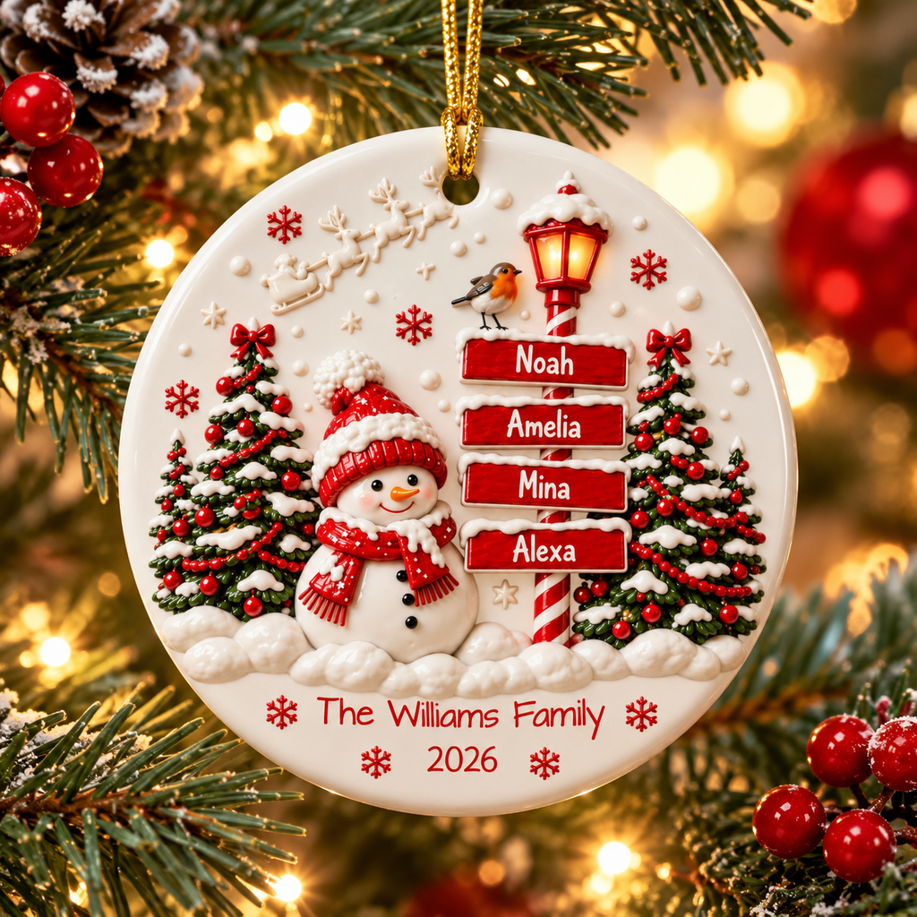 Personalized Family Ornament, Family Christmas Ornament, Snowman Family Ornament, Ceramic Christmas Ornament, 3D Relief Ornament
