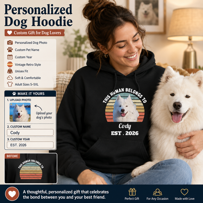 This Human Belongs To Dog Personalized Photo Unisex Hoodie – Custom Pet Name & Year Dog Lover Gift Hover Image