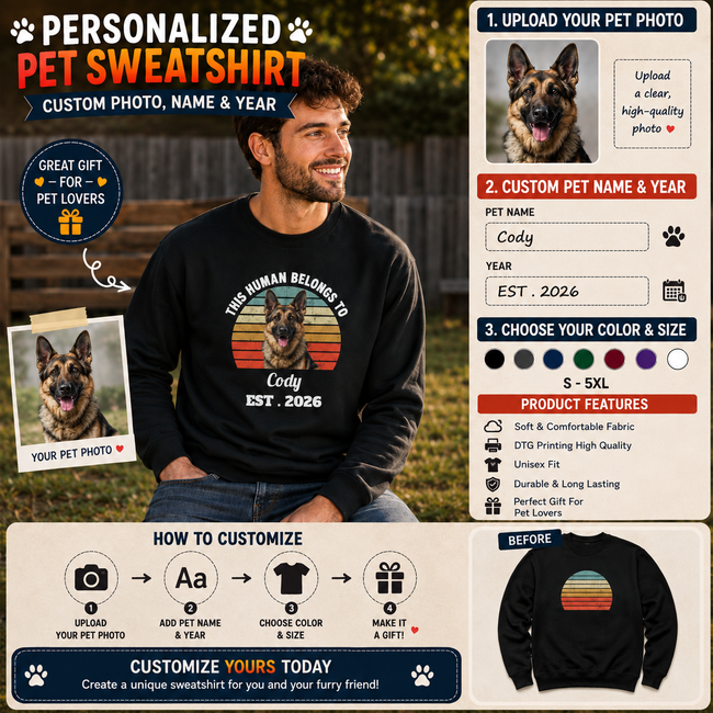 This Human Belongs To Dog Personalized Photo Unisex Sweatshirt – Custom Pet Name & Year Retro Dog Lover Gift Hover Image