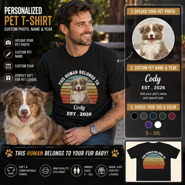 This Human Belongs To Dog Personalized Photo Unisex T-Shirt – Custom Pet Name & Year Gift Hover Image