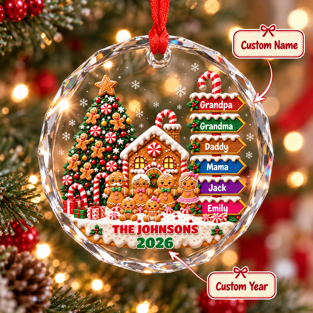 Personalized Family Ornament, Custom Christmas Ornament, Gingerbread Family Ornament, Family Name Ornament- Glass Ornament