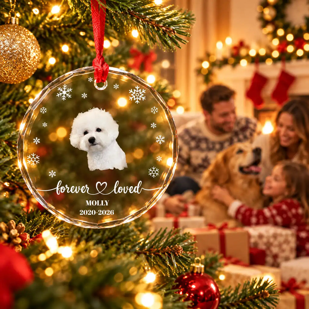 Personalized Christmas Ornament – Custom Pet Memorial Dog & Cat Photo Glass Ornament, Forever Loved Gift