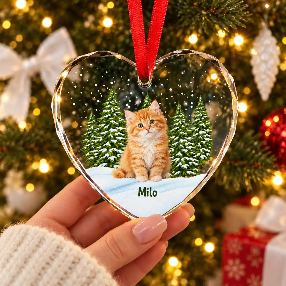 Personalized Pet Memorial Christmas Ornament – Custom Dog & Cat Photo Heart-Shaped Glass Ornament, Pet Lover Gift