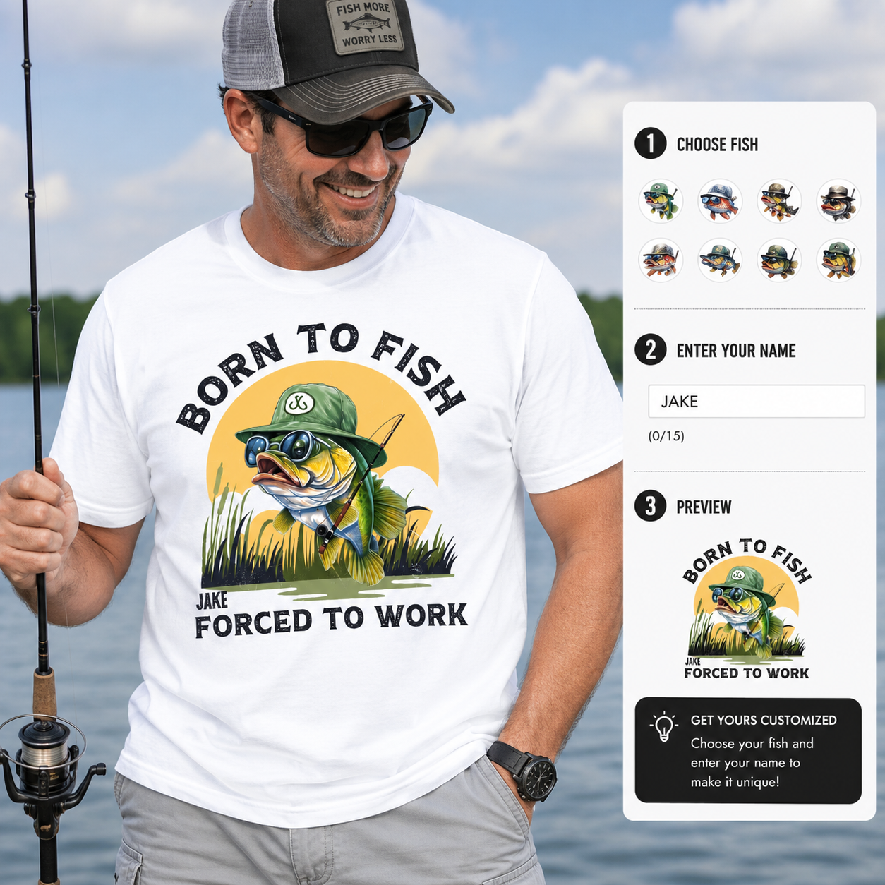 Born to Fish Forced to Work Personalized Fishing Shirt with Custom Name