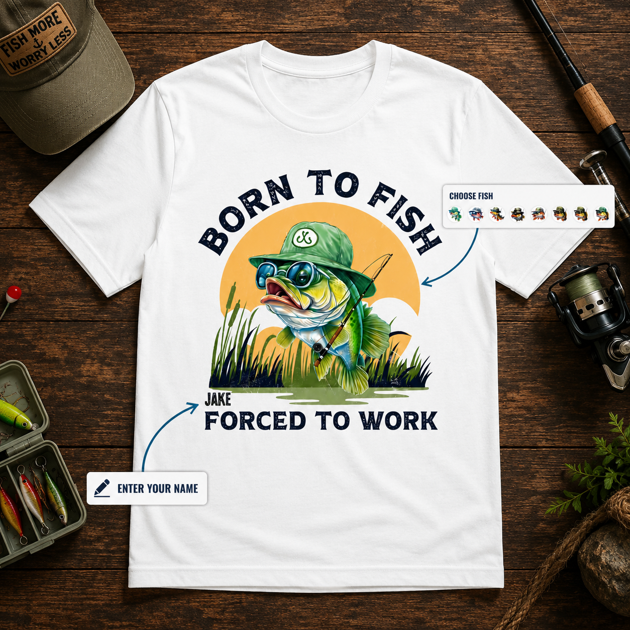 Born to Fish Forced to Work Personalized Fishing Shirt with Custom Name