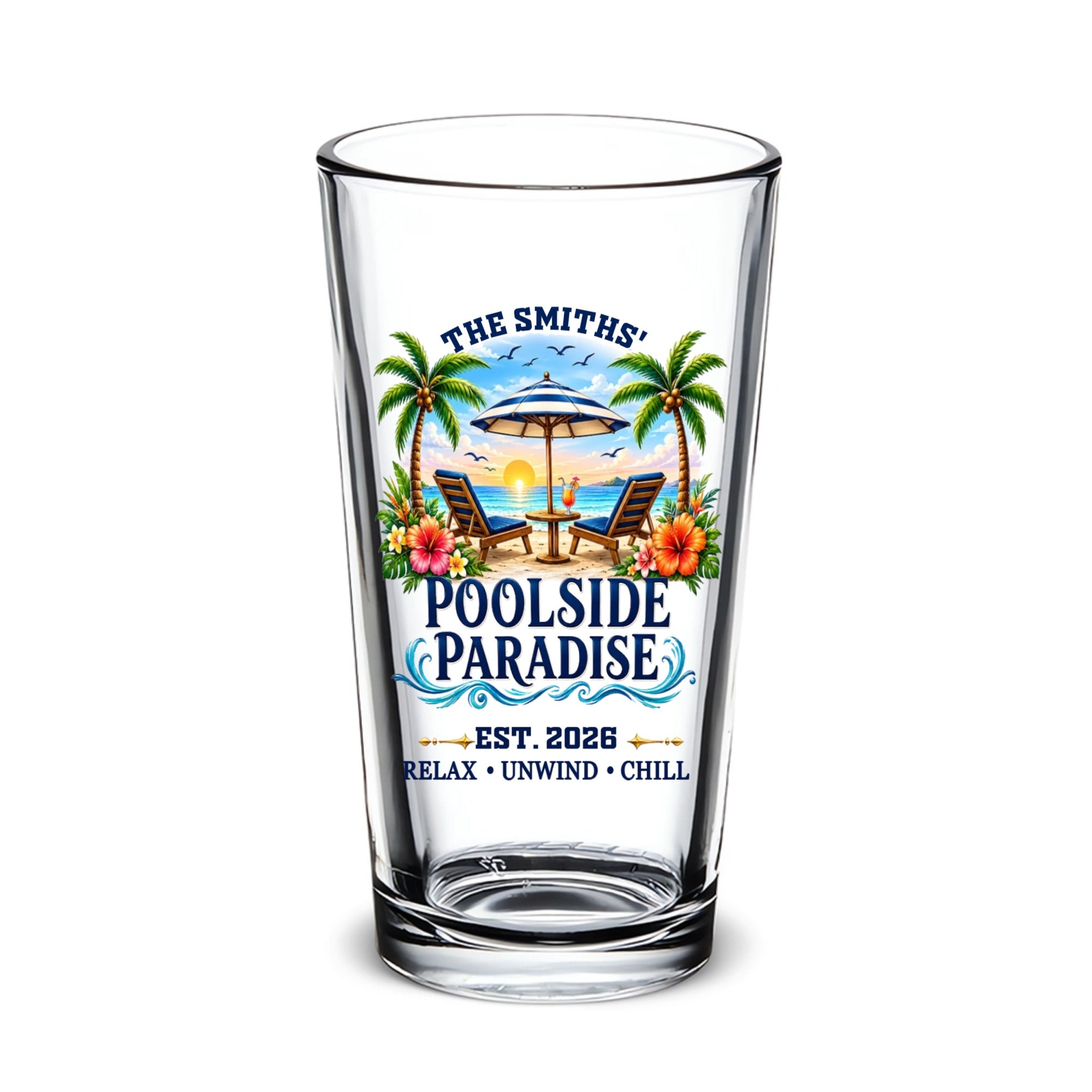 Custom Poolside Party Beer Glass - Personalized Summer Vacation And Travel Gifts For Mom, Dad, Brother, Sister - Beachside Paradise