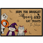 Custom Halloween cat doormat with Hope You Brought Boos and Cat Treats design, personalized cats and family name