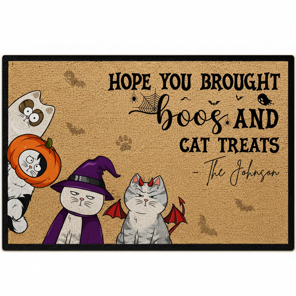 Custom Halloween cat doormat with Hope You Brought Boos and Cat Treats design, personalized cats and family name