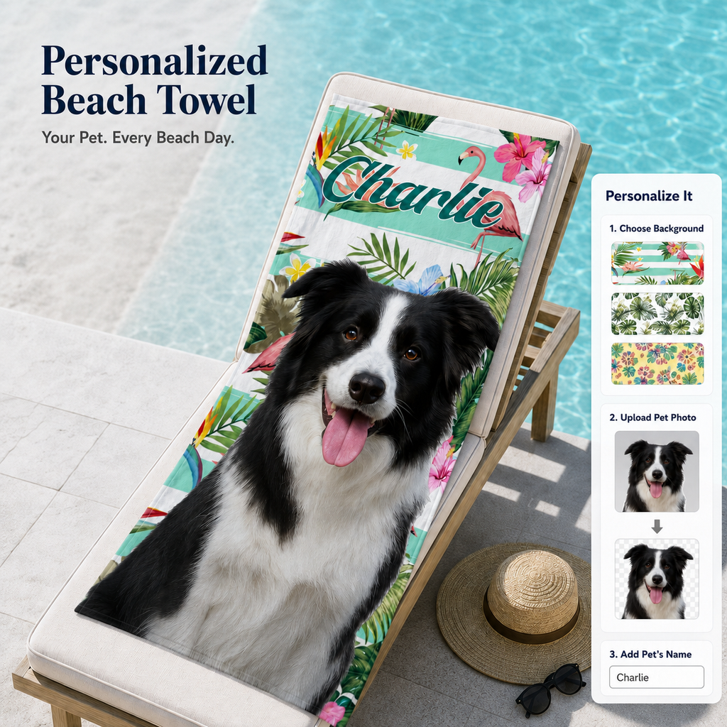 Personalized Pet Beach Towel with Photo & Name – Custom Dog Cat Towel for Pet Lovers