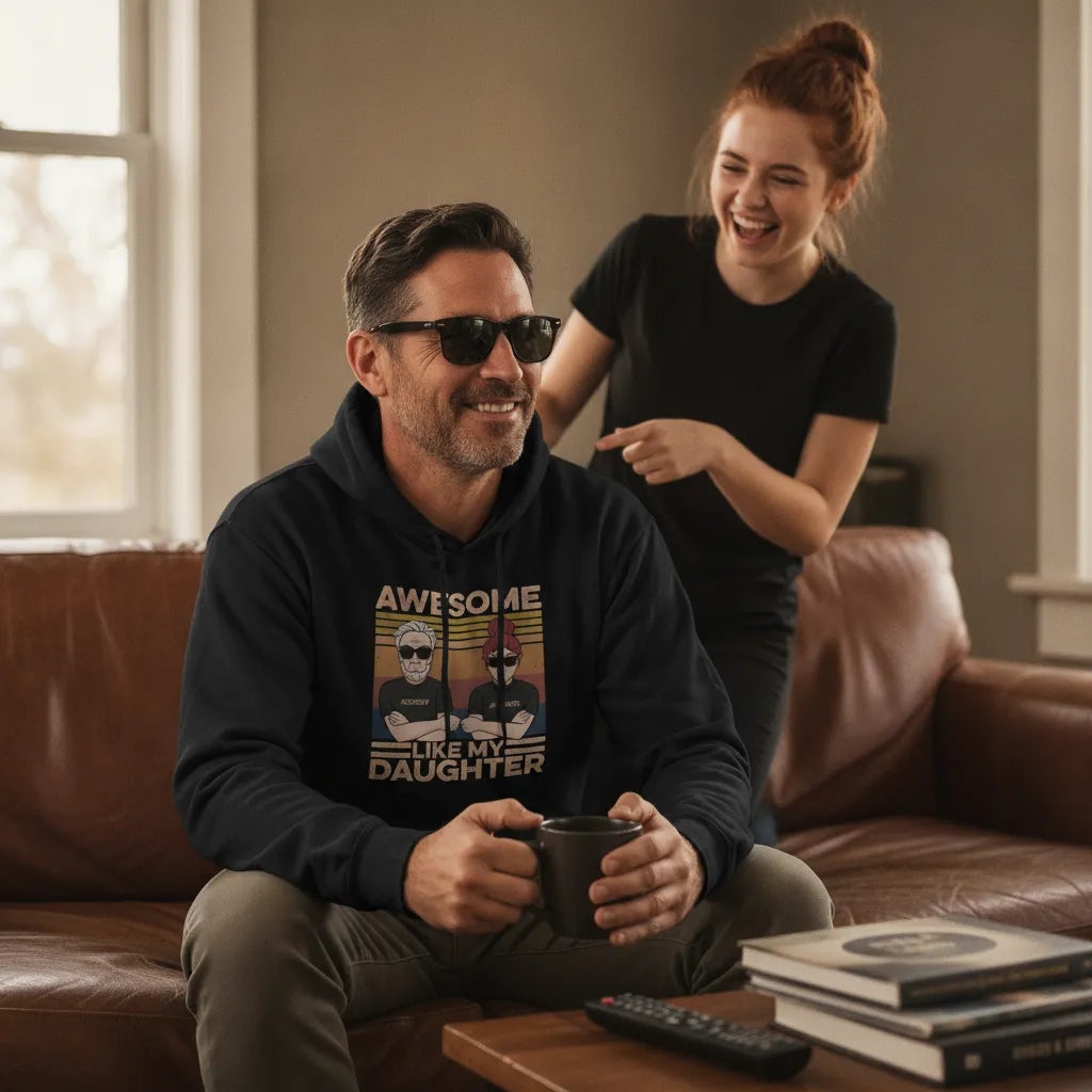 Personalized Dad & Daughter Illustration Unisex Hoodie – Custom Names, Skin Tone, Hair & Beard Gift