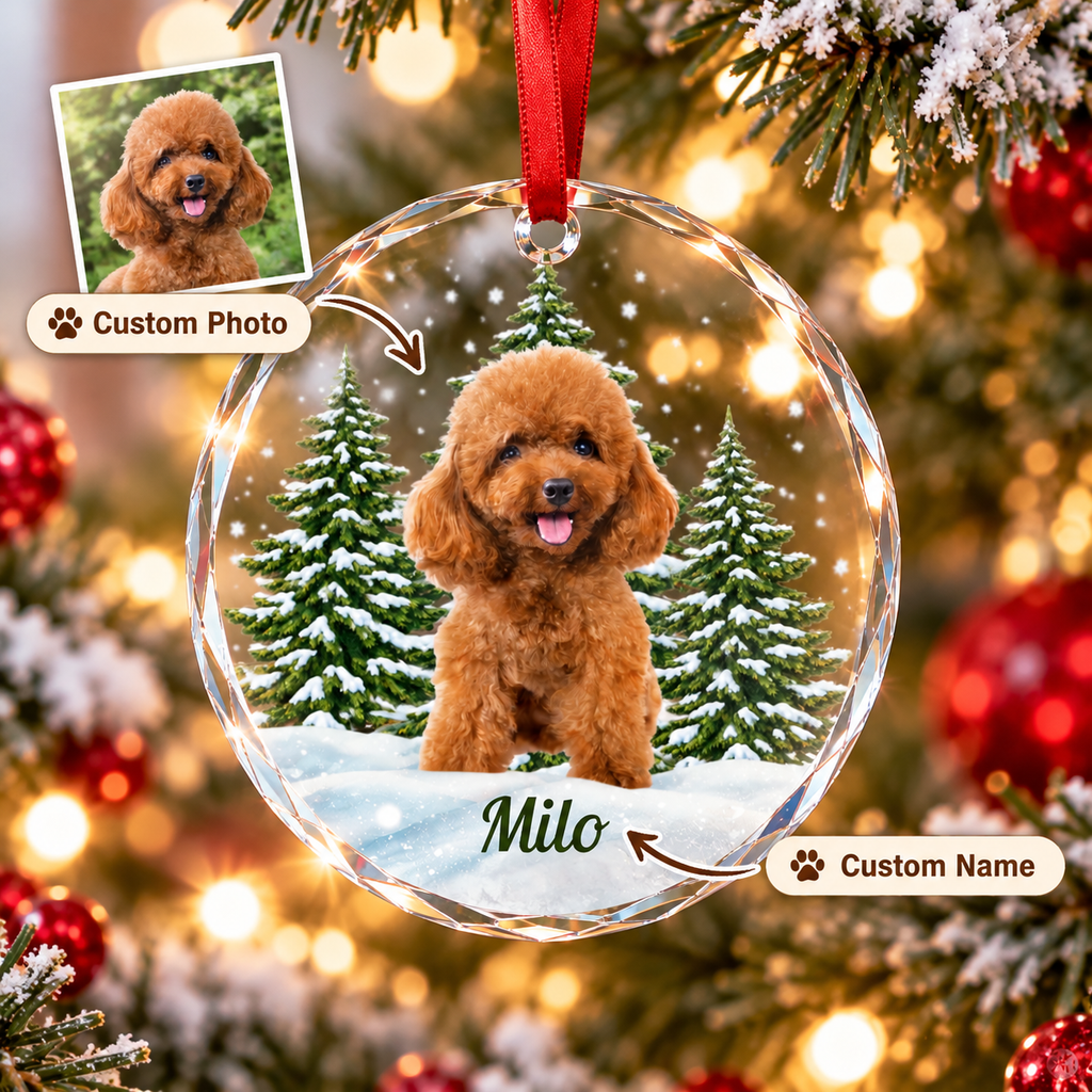 Personalized Pet Christmas Ornament – Custom Dog & Cat Photo Circle Glass Ornament, Pet Lover Gift