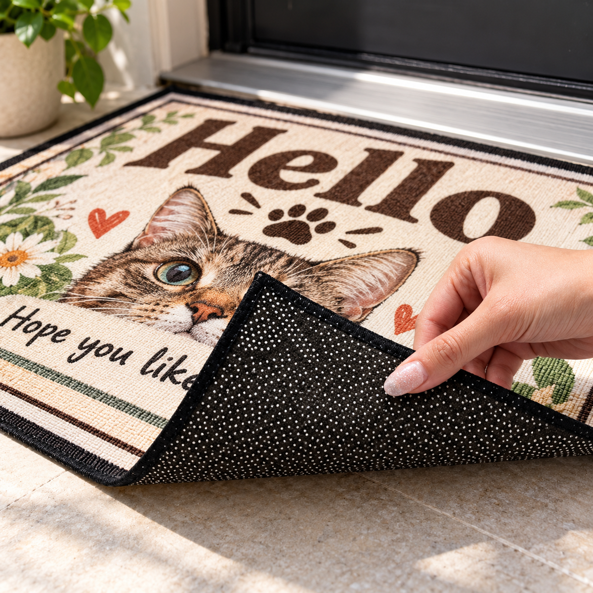 Custom Photo Hello, We're Here - Dog & Cat Personalized Custom Decorative Mat - Gift For Pet Owners, Pet Lovers